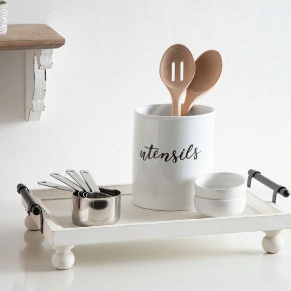 Off White Solid Wood Tray with Metal Handles & Feet - 16'' W x 12'' D x 3.75'' H - Picture 8 of 8